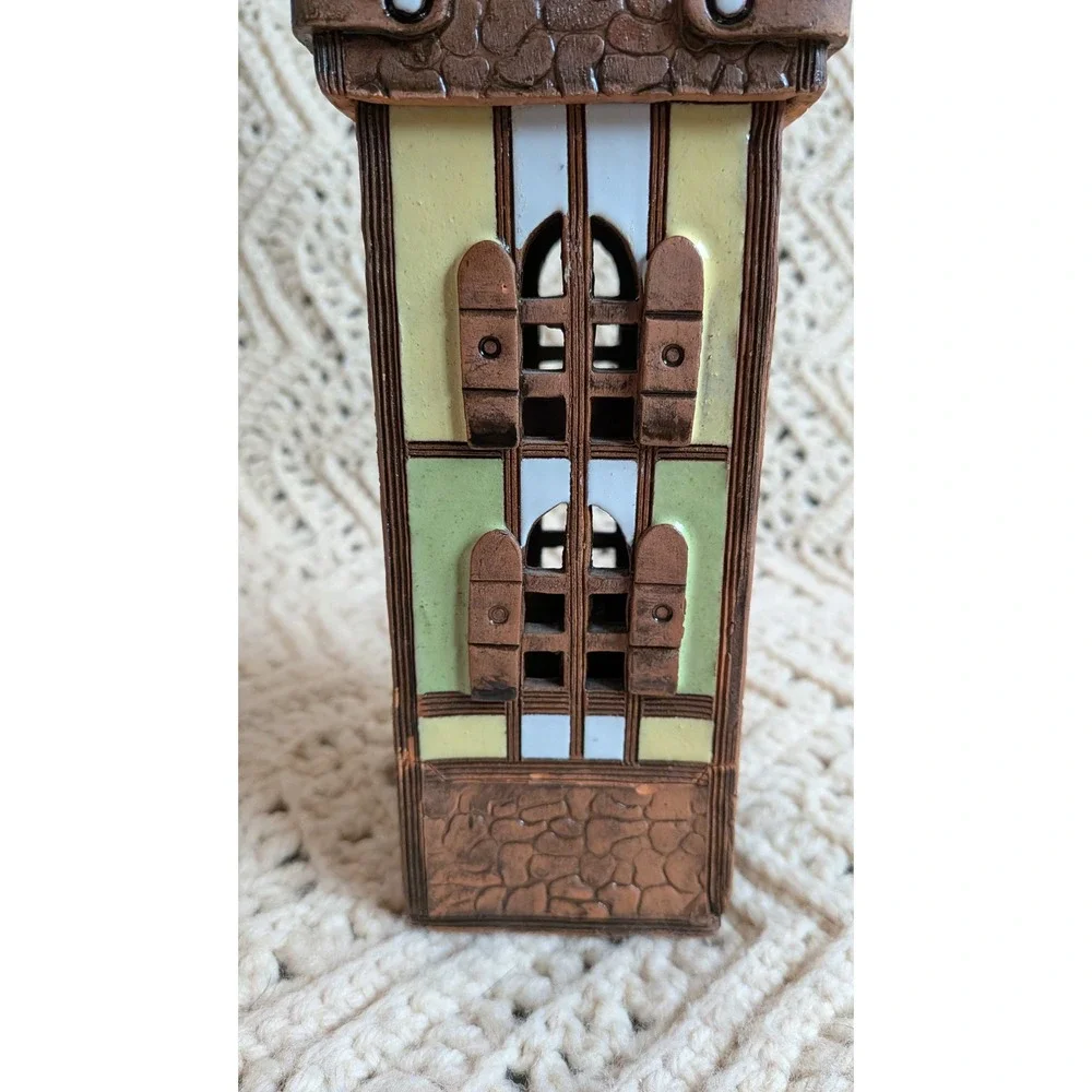 Vintage Lithuanian Handmade Clay Tower Tea Light‎ Candle Holder Village House